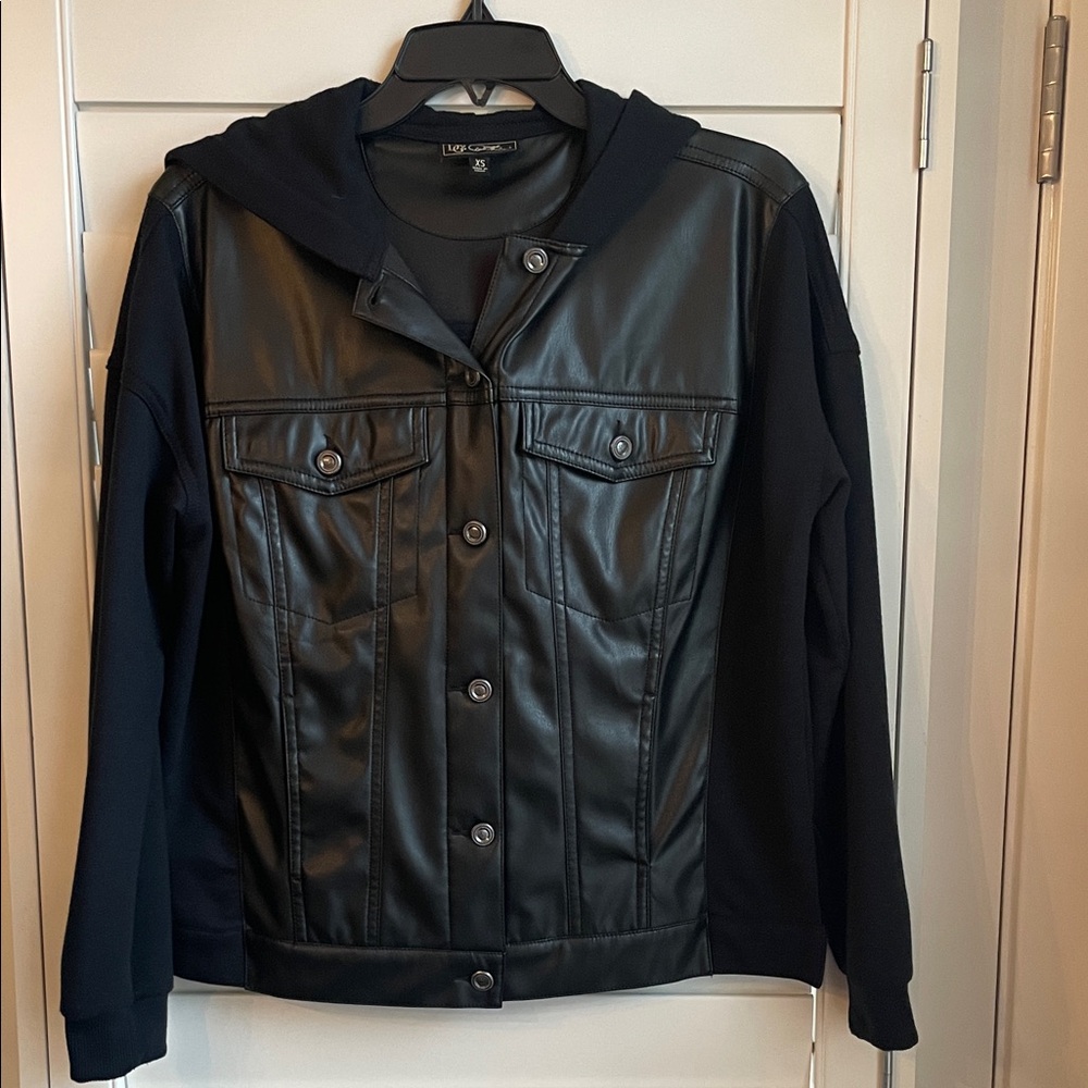 DG2 Diana Gilman Black Faux Leather Knit Hoodie Jacket